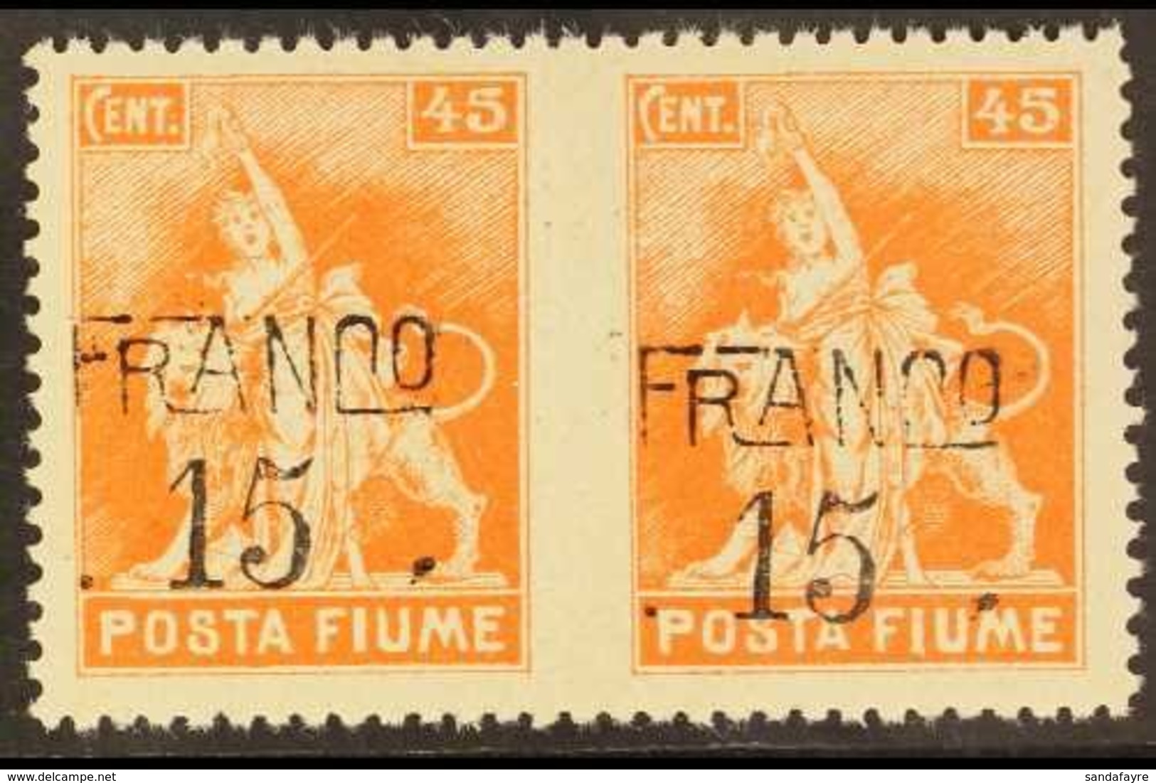 \Y 1919\Y 15c On 45c Orange Surcharge Horizontal PAIR IMPERF BETWEEN Variety, Sassone D79o, Fine Mint, Light Crease Betw - Fiume