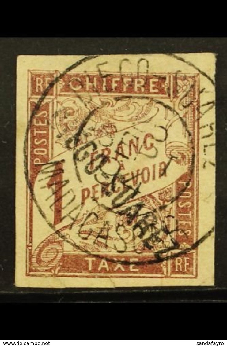 \Y DIEGO SUAREZ\Y POSTAGE DUES  1892 1fr Maroon, Yv 13 Used. Attractive Appearance But With 2 Small Closed Tears At Foot - Autres & Non Classés