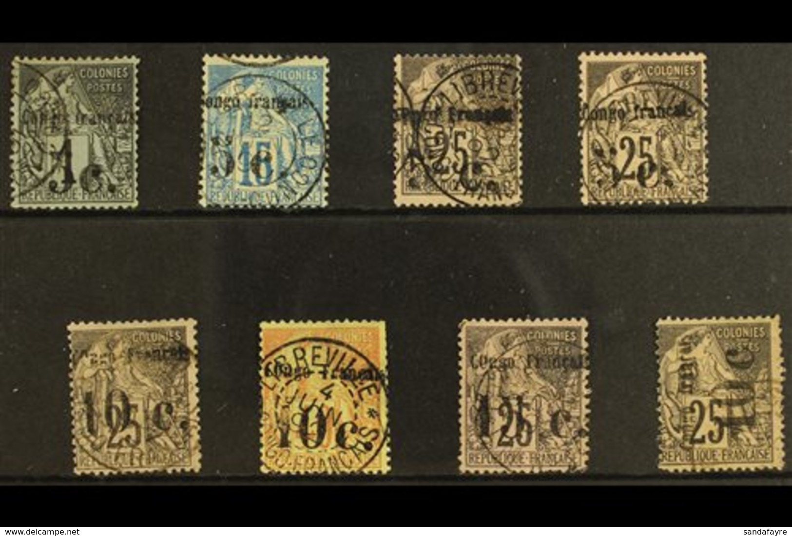 \Y FRENCH CONGO\Y 1891 FINE USED SURCHARGED SELECTION On A Stock Card. Includes 5c On 1c (Yv 1), 5c On 15c (Yv 2) & 5c O - Sonstige & Ohne Zuordnung