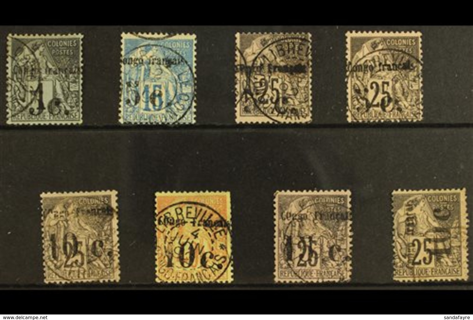 \Y FRENCH CONGO\Y 1891 FINE USED SURCHARGED SELECTION On A Stock Card. Includes 5c On 1c (Yv 1), 5c On 15c (Yv 2) & 5c O - Autres & Non Classés