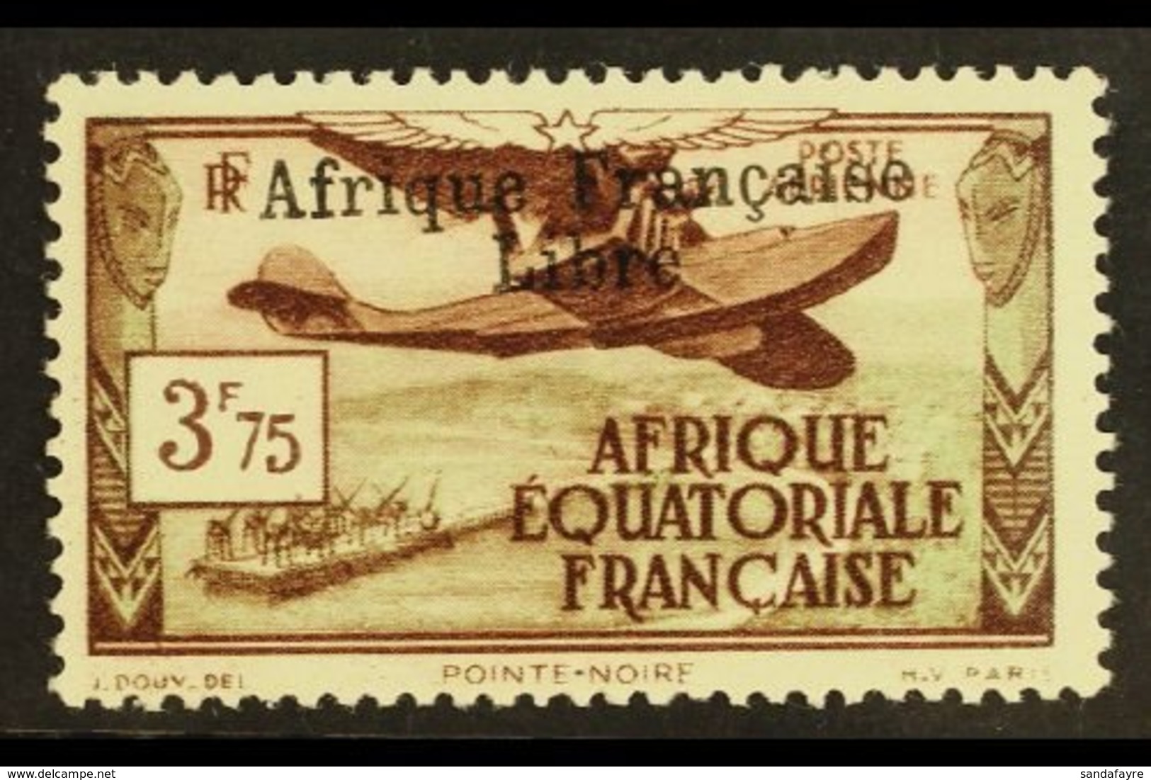 \Y FRENCH EQUATORIAL AFRICA\Y 1940-41 3.75f Chocolate & Green Air "Afrique Francaise Libre" Overprint (Yvert 16, SG 157) - Autres & Non Classés