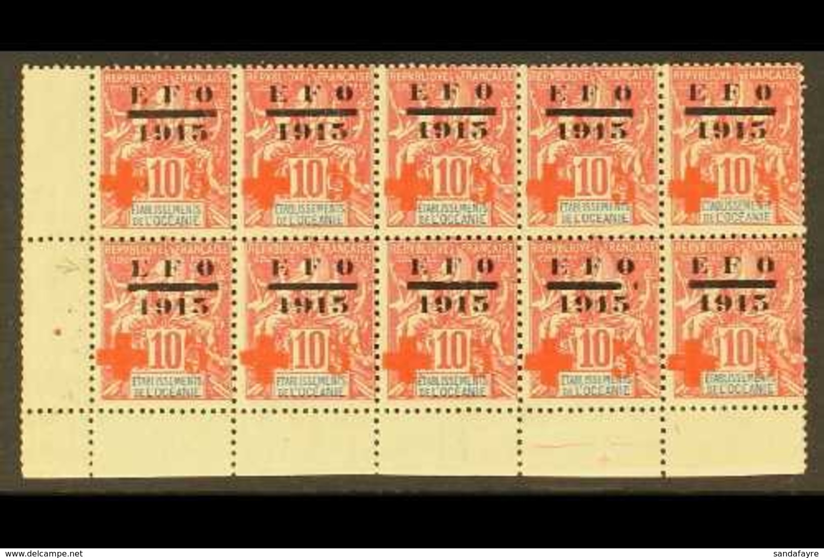 \Y FRENCH OCEANIC SETTLEMENTS\Y 1915 10c+5c Red Cross Surcharge Corner Block Of 10 With Missing Centre Bar Of "E" & Brok - Other & Unclassified