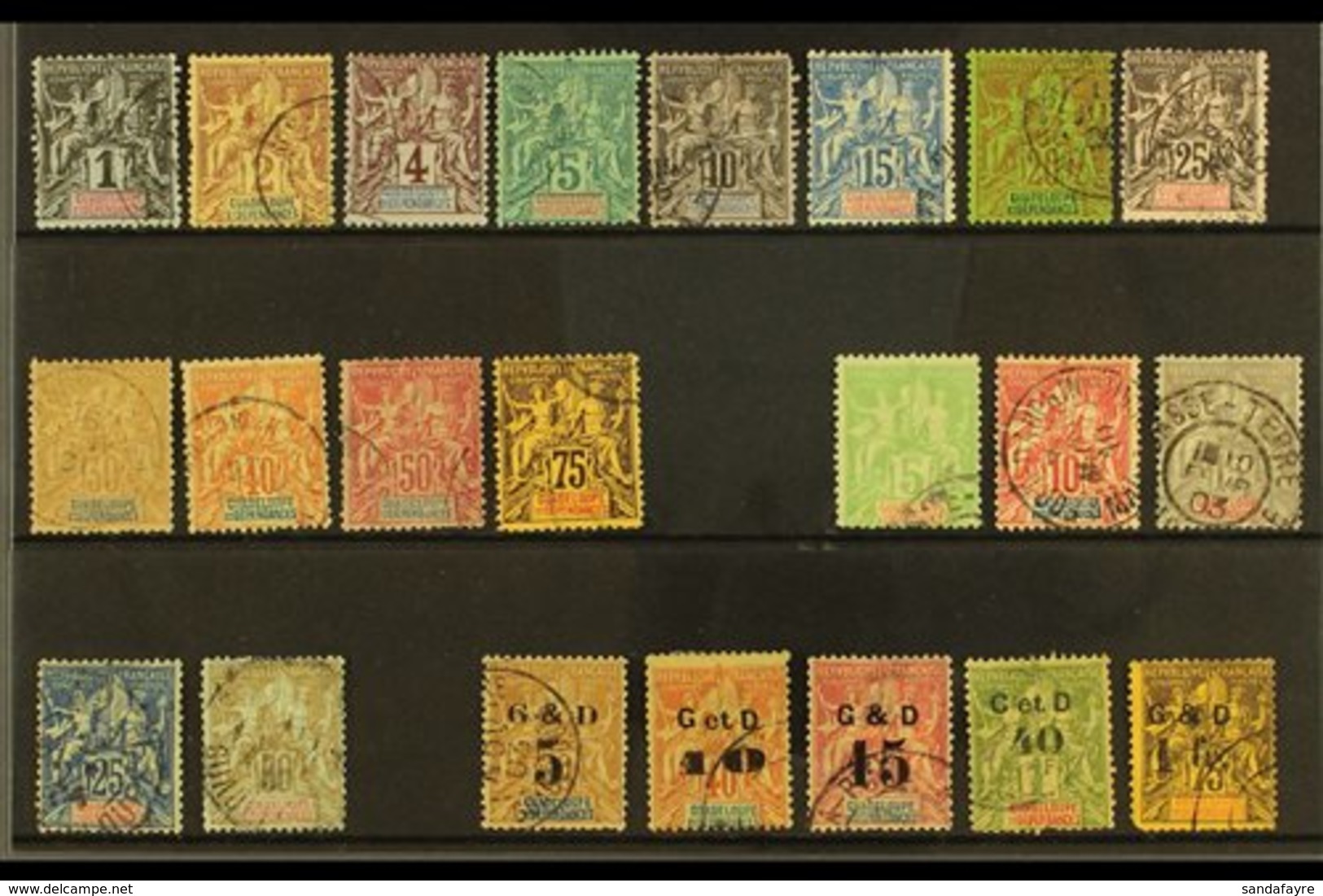 \Y GUADELOUPE\Y 1892-1903 "Peace & Commerce" Used Collection On A Stock Card. Includes 1892 Tablet Set To 75c With 1900- - Autres & Non Classés
