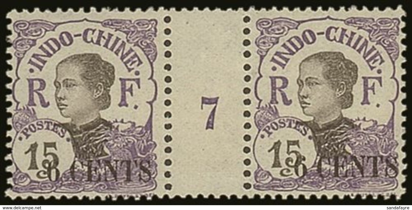 \Y INDO-CHINA\Y 1919 6c On 15c Violet In A "Millesimes" Gutter Pair With Number "7" Yv 77, Never Hinged Mint. For More I - Other & Unclassified