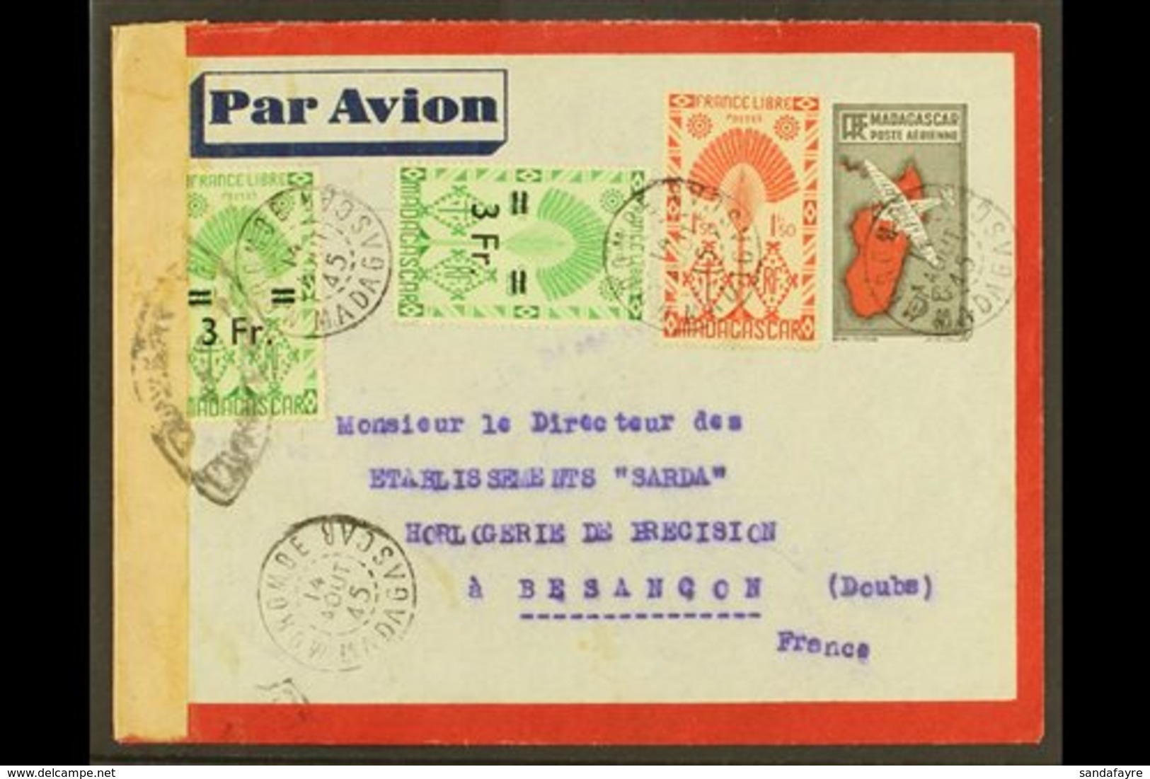 \Y MADAGASCAR\Y 1945 CENSOR COVER. A 3.65f Cover Uprated To Besancon France With Clearly Dated Cds. Pretty Cover For Mor - Sonstige & Ohne Zuordnung