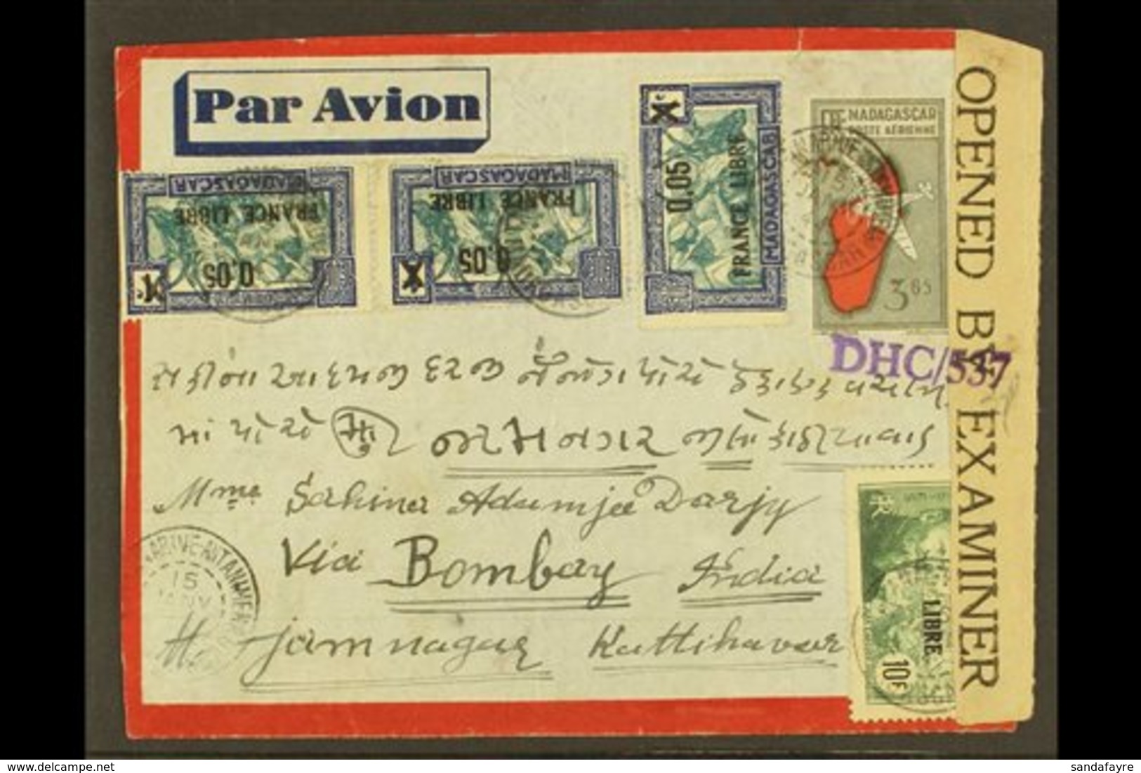 \Y MADAGASCAR\Y 1944 CENSOR COVER. A 3.65f Cover To India Uprated With Seven Stamps With "France Libre" Opts. Lovely For - Other & Unclassified