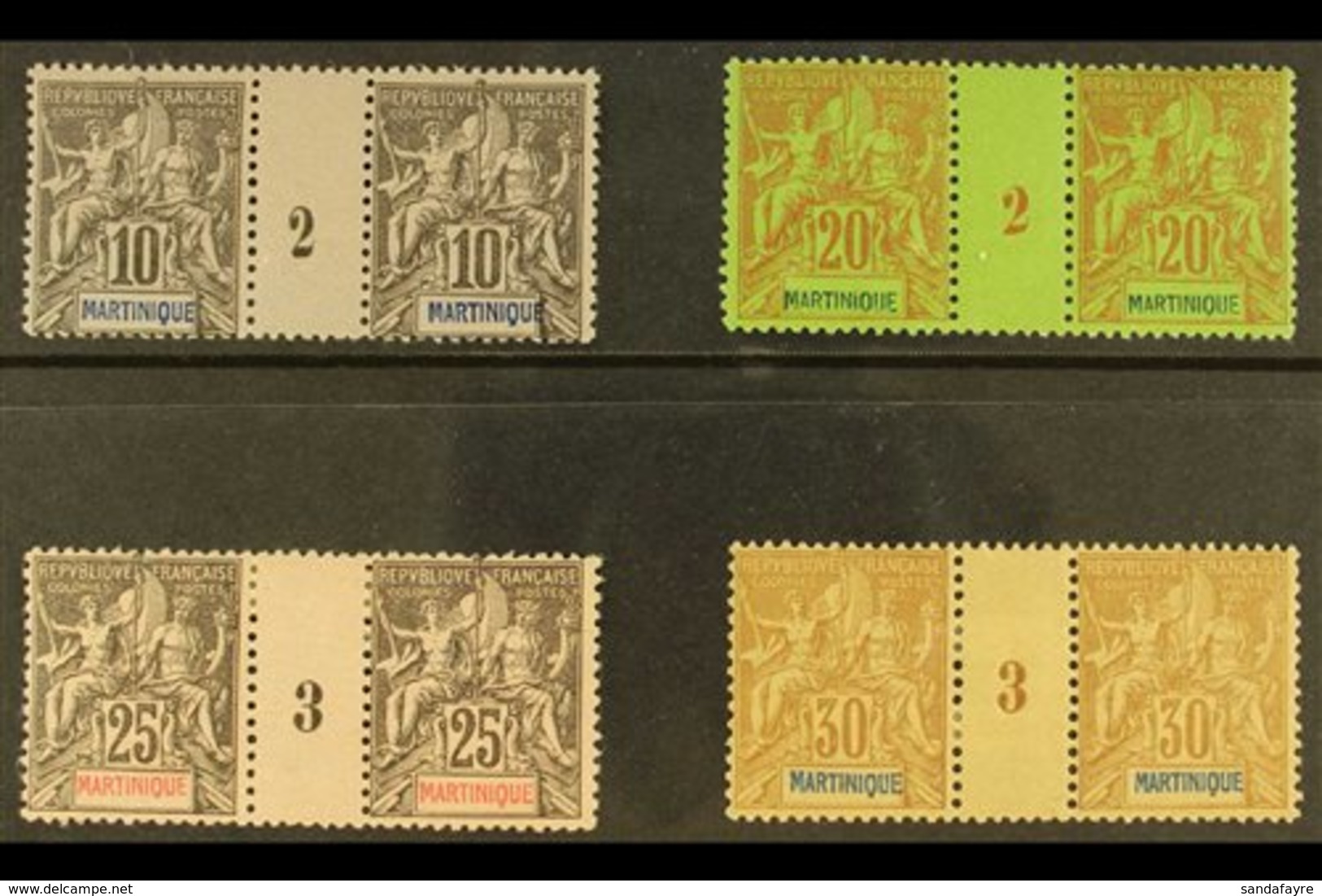 \Y MARTINIQUE\Y 1892 "Tablet" 10c, 20c, 25c And 30c (Yvert 35 & 37/39) In MILLESIMES PAIRS, Very Fine Mint (the 10c And  - Autres & Non Classés