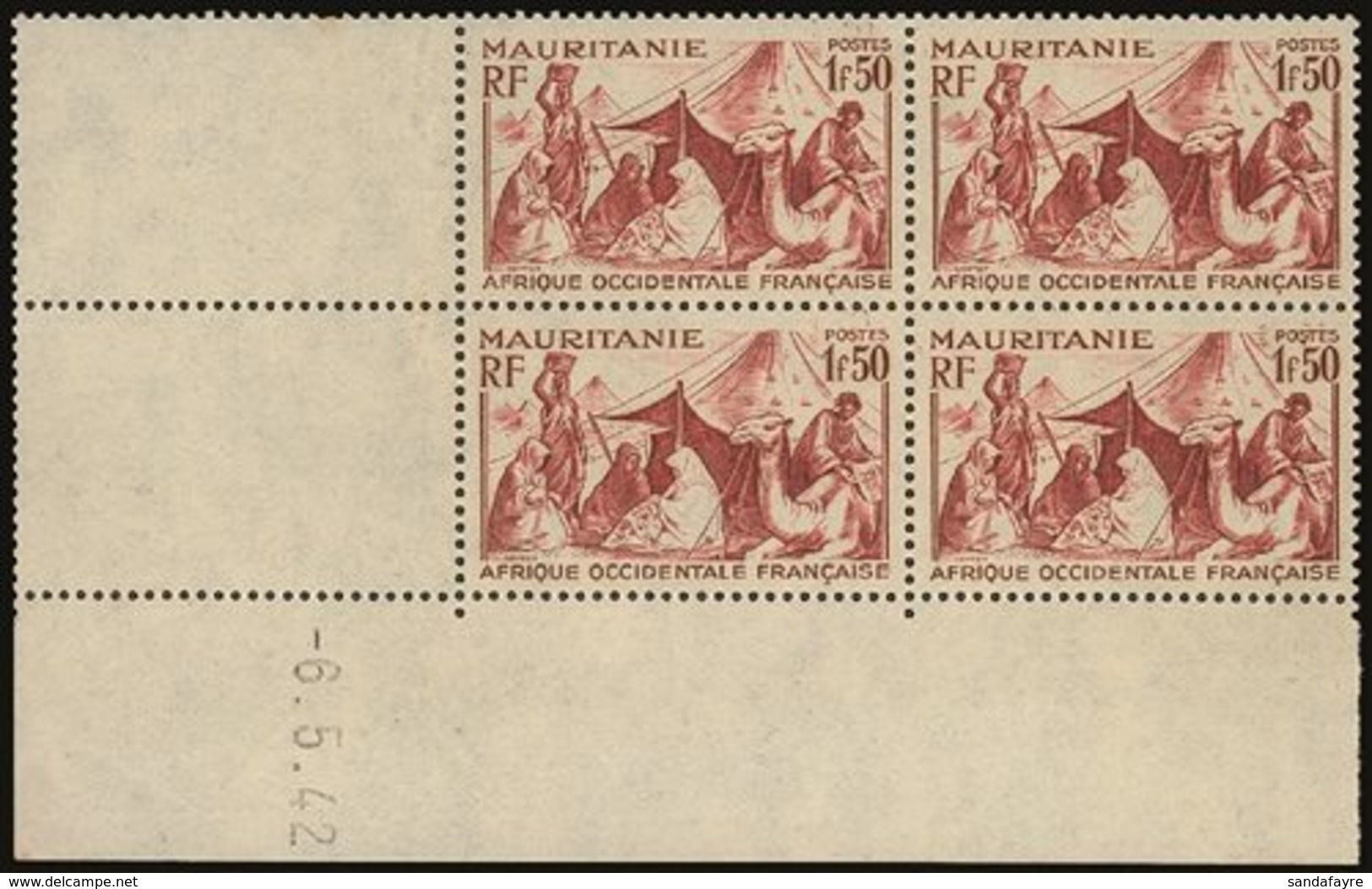 \Y MAURITANIA\Y 1942 1fr 50 Brown Red Bedouin Camp, Yv 112A, Superb NHM Dated Corner Block Of 4 (lightly Hinged On Selve - Autres & Non Classés