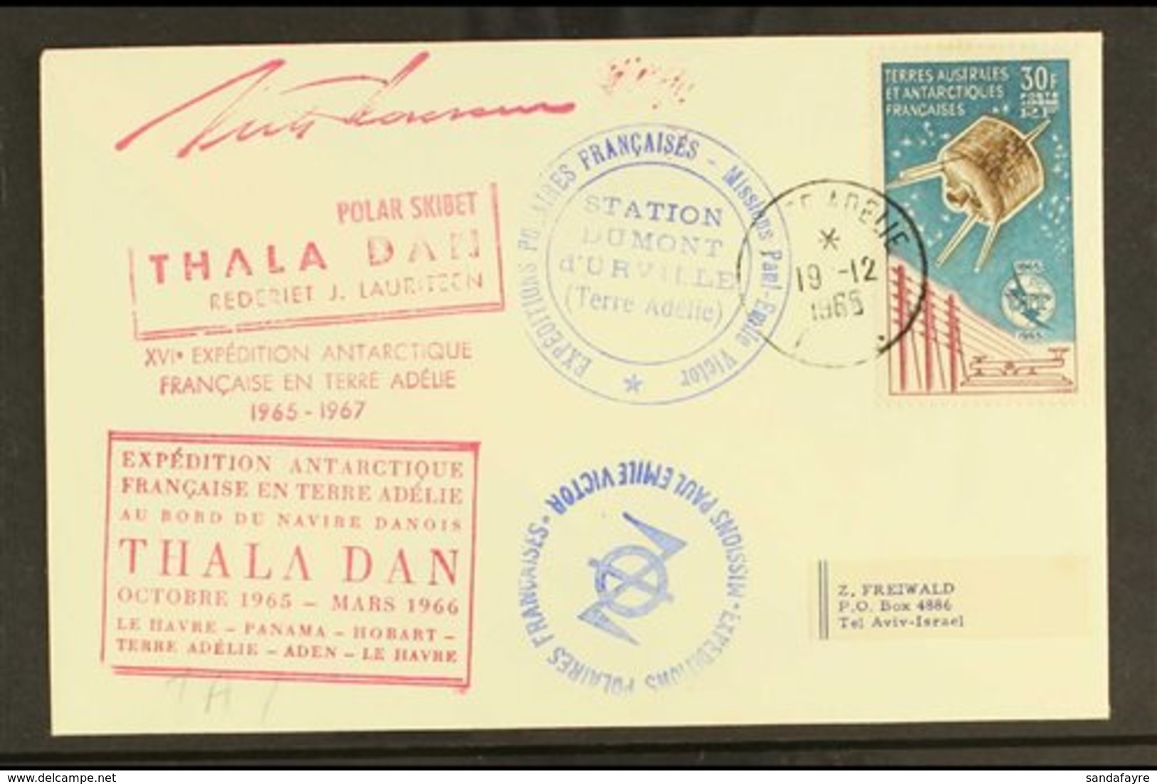 \Y TAAF\Y 1965 (19 Dec) Envelope To Israel Bearing UIT 30f Air Stamp (Maury 9) Tied Neat Terre Adelie Cds, Thala Dan Shi - Autres & Non Classés