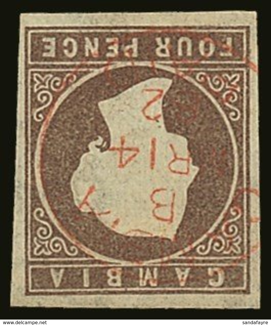 \Y 1874\Y 4d Brown Imperf With WATERMARK INVERTED Variety, SG 5w, Superb Used With Four Good To Large Margins, And Neat  - Gambia (...-1964)