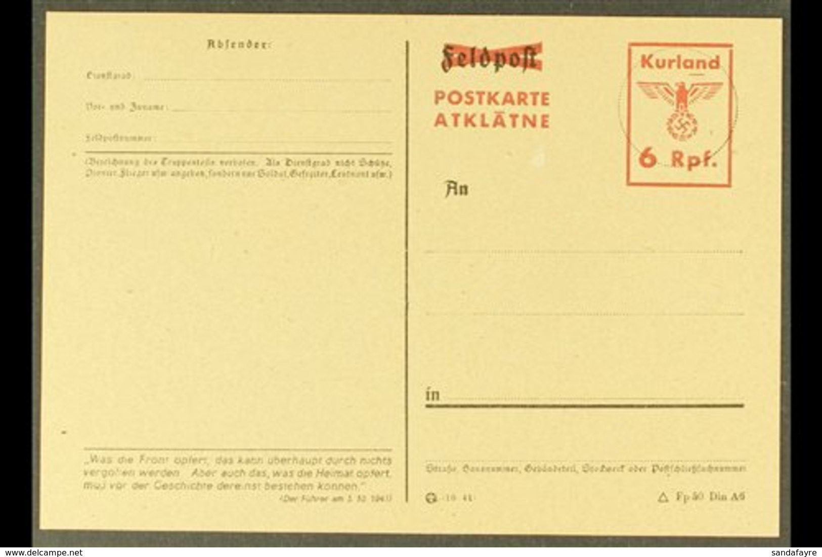 \Y KURLAND\Y 1945 "6 Rpf." Postal Stationery Postal Card With Red "Postkarte / Atklatne" Overprint And Fuhrer Quote From - Autres & Non Classés