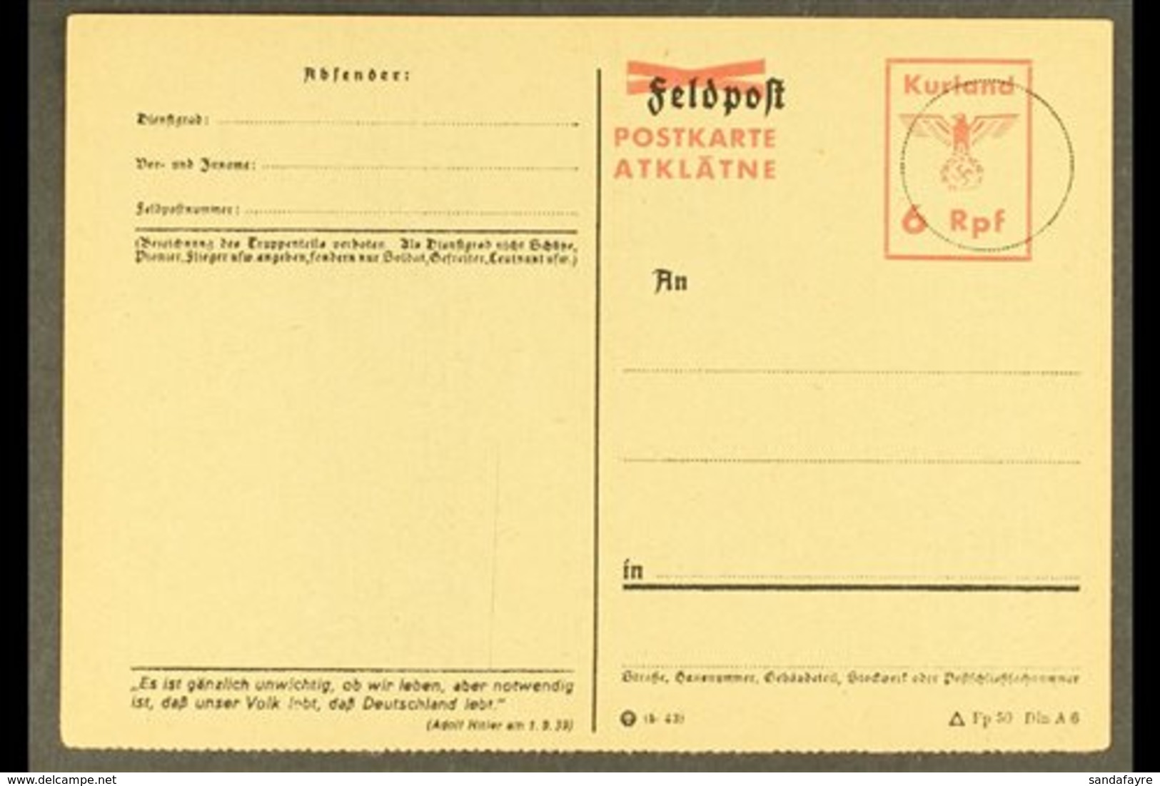 \Y KURLAND\Y 1945 "6 Rpf." Postal Stationery Postal Card With Red "Postkarte / Atklatne" Overprint And Adolf Hitler Quot - Other & Unclassified