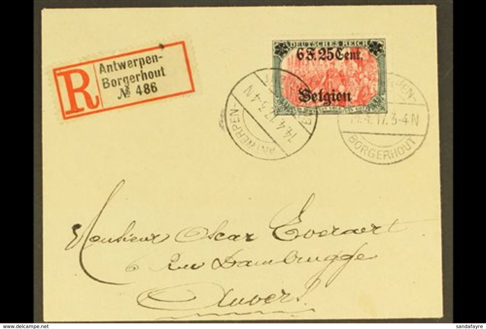 \Y OCCUPATION OF BELGIUM\Y 1917 (14 April) Registered Cover To Antwerp Bearing 6f25 On 5m (Mi 25, SG 25, COB OC25) Tied  - Sonstige & Ohne Zuordnung