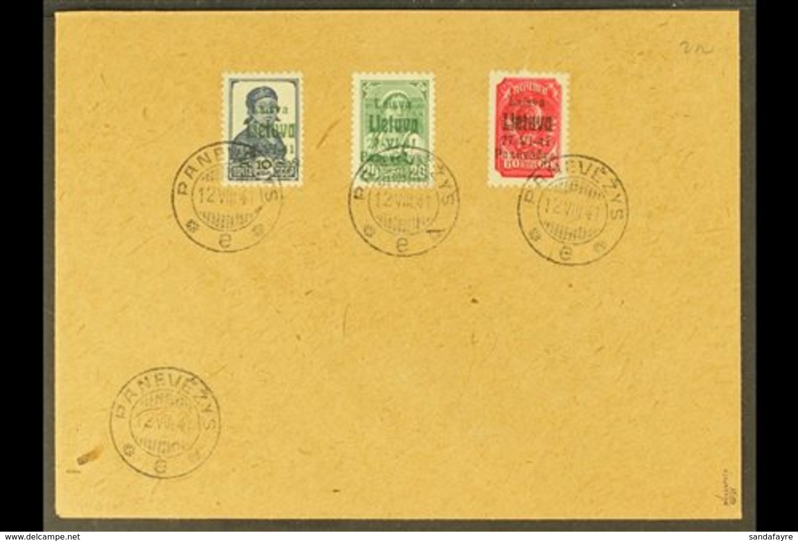 \Y PANEVEZYS (PONEWESCH)\Y 1941 July 10k Prussian Blue, 20k Yellow- Green With Green Overprint & 60k Lilac- Red (Michel  - Other & Unclassified