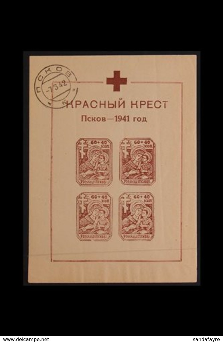 \Y PLESKAU\Y 1942 (28 Feb) German Red Cross Miniature Sheet With Watermark, Michel Block 2X, Used With Pleskau Cds Of 7  - Autres & Non Classés