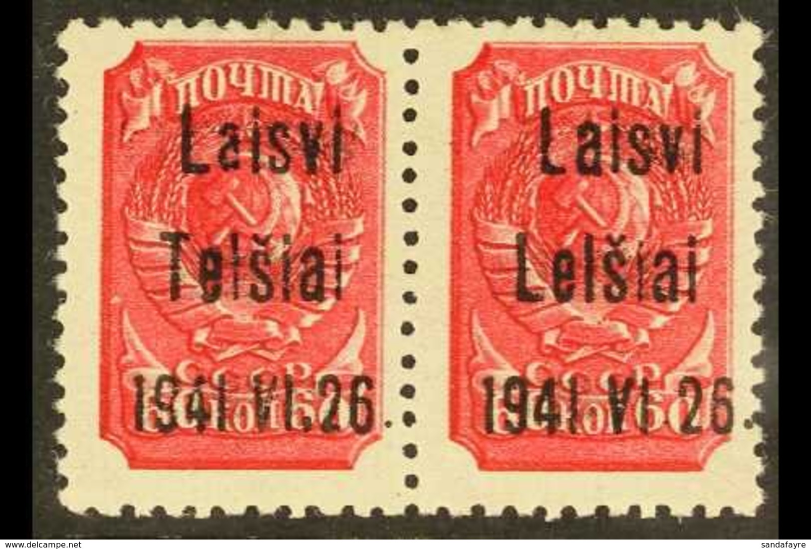 \Y TELSIAI (TELSCHEN)\Y 1941 60k Lilac- Red With Type III Overprint Horizontal Pair, One With "L" FOR "T" On 2nd Line Er - Sonstige & Ohne Zuordnung