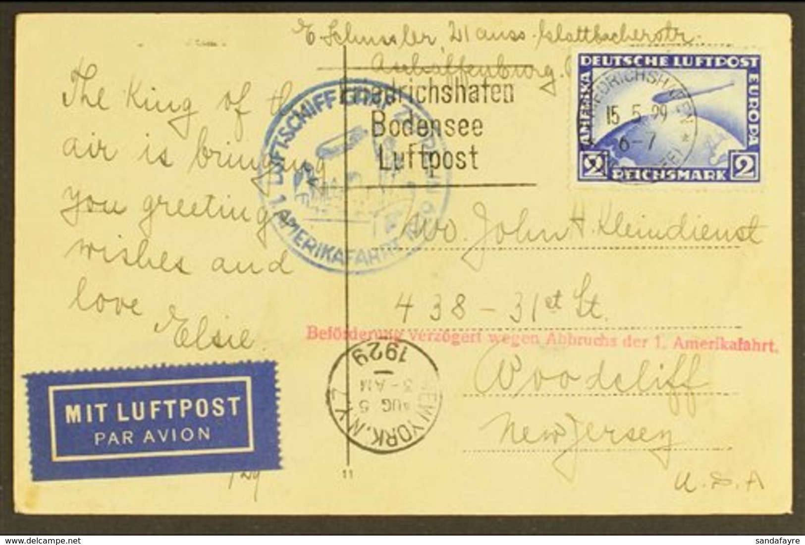 \Y 1929 ZEPPELIN (CANCELLED FLIGHT)\Y A Monochrome Picture Postcard Bearing Germany 2m Blue "Zeppelin", Tied By Friedric - Sonstige & Ohne Zuordnung