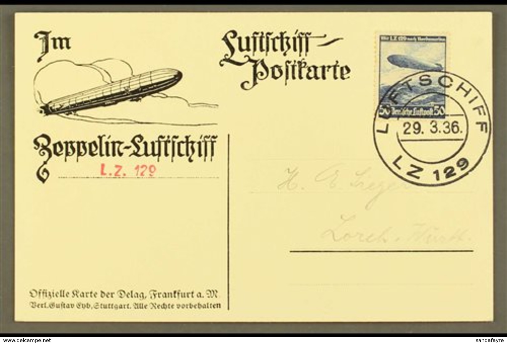 \Y 1936\Y 29.3.36 Ppc Flight Card From Zeppelin LZ 129 Franked 50pf LZ129 Adhesive Tied By Luftschiff LZ 129 Cds. For Mo - Autres & Non Classés