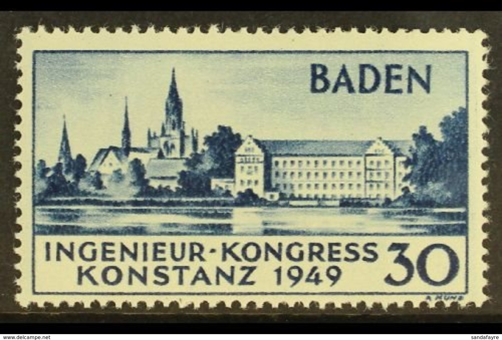 \Y FRENCH ZONE\Y BADEN 1949 30pf Blue Engineers' Congress SECOND PRINTING (Michel 46 II, SG FB46a), Never Hinged Mint, F - Autres & Non Classés