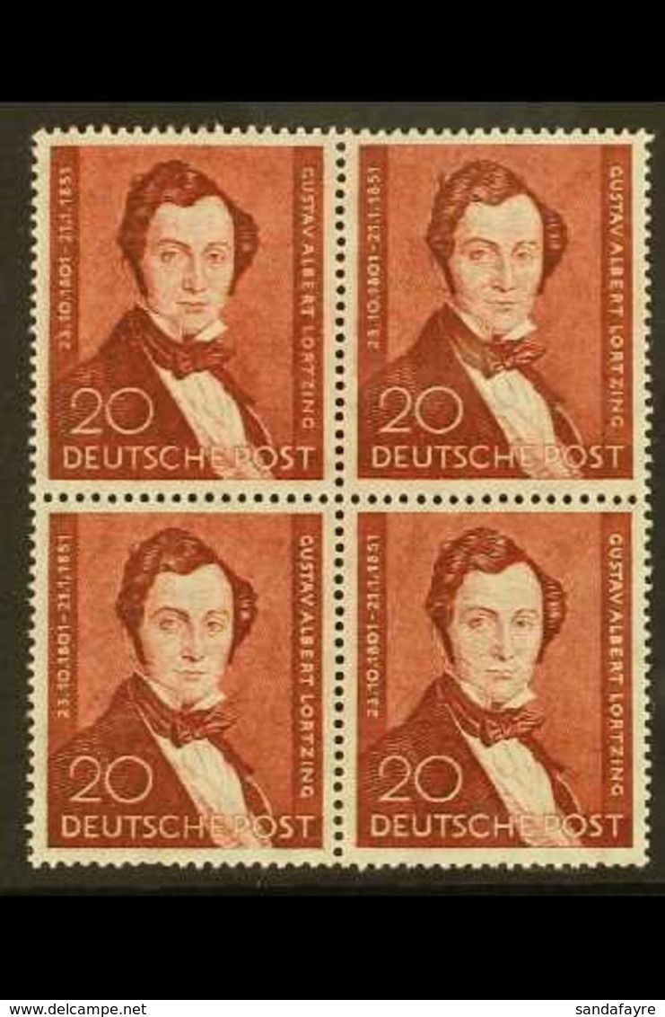 \Y 1951\Y 20pf Brown-lake Lortzing (Michel 74, SG B74), Superb Never Hinged Mint BLOCK Of 4, Very Fresh. (4 Stamps) For  - Other & Unclassified