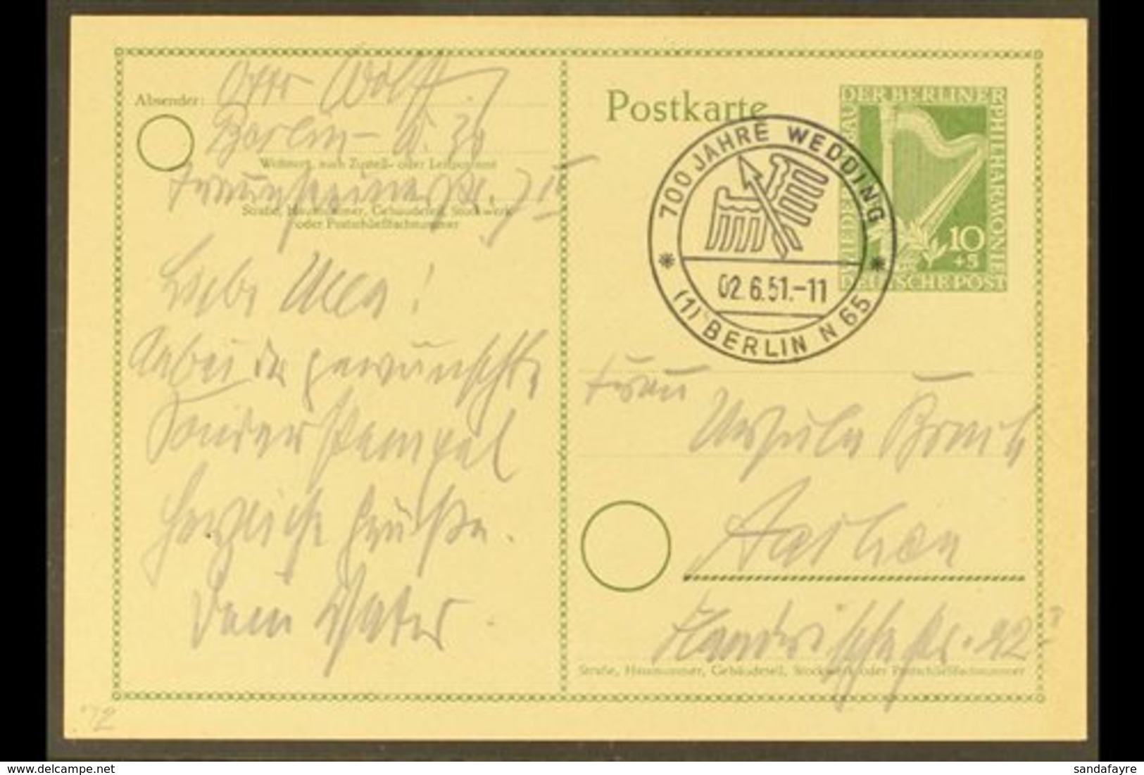 \Y POSTAL STATIONERY\Y 1951 10pf+5p Olive-green Philharmonic Orchestra Special Postcard, Michel P 23 I, Very Fine Used,  - Other & Unclassified