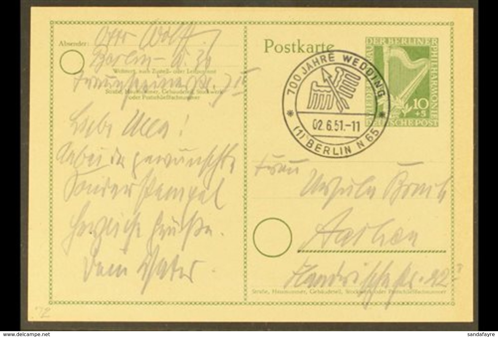 \Y POSTAL STATIONERY\Y 1951 10pf+5p Olive-green Philharmonic Orchestra Special Postcard, Michel P 23 I, Very Fine Used,  - Autres & Non Classés