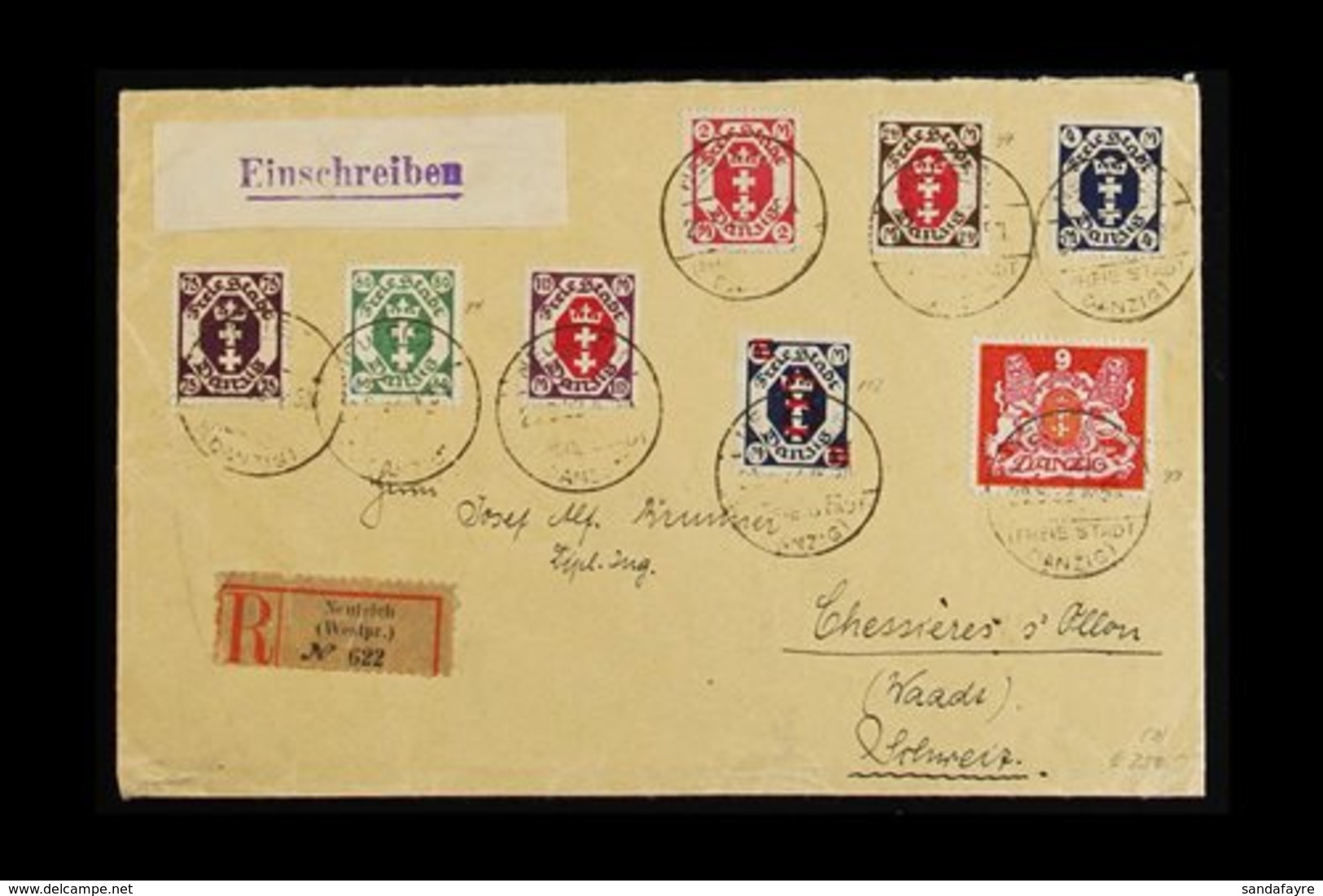\Y 1922 (29 JUN) REGISTERED COVER\Y To Chesieres-sur-Ollon (Vaud) Switzerland Bearing 1922 9m "Large Arms" (Michel 99),  - Other & Unclassified