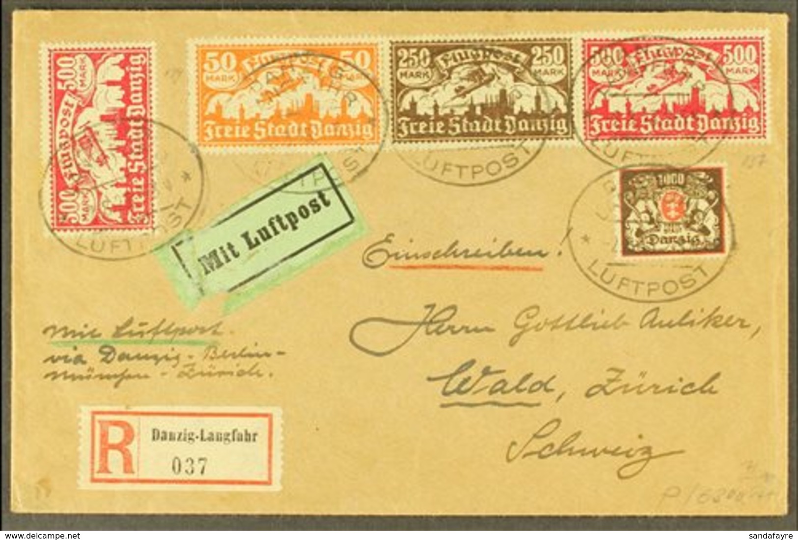 \Y 1923 AIR MAIL COVER TO SWITZERLAND\Y 1923 (2 Aug) Registered Air Cover To Zurich Bearing 1923 50m, 250m, And 500m X2  - Autres & Non Classés