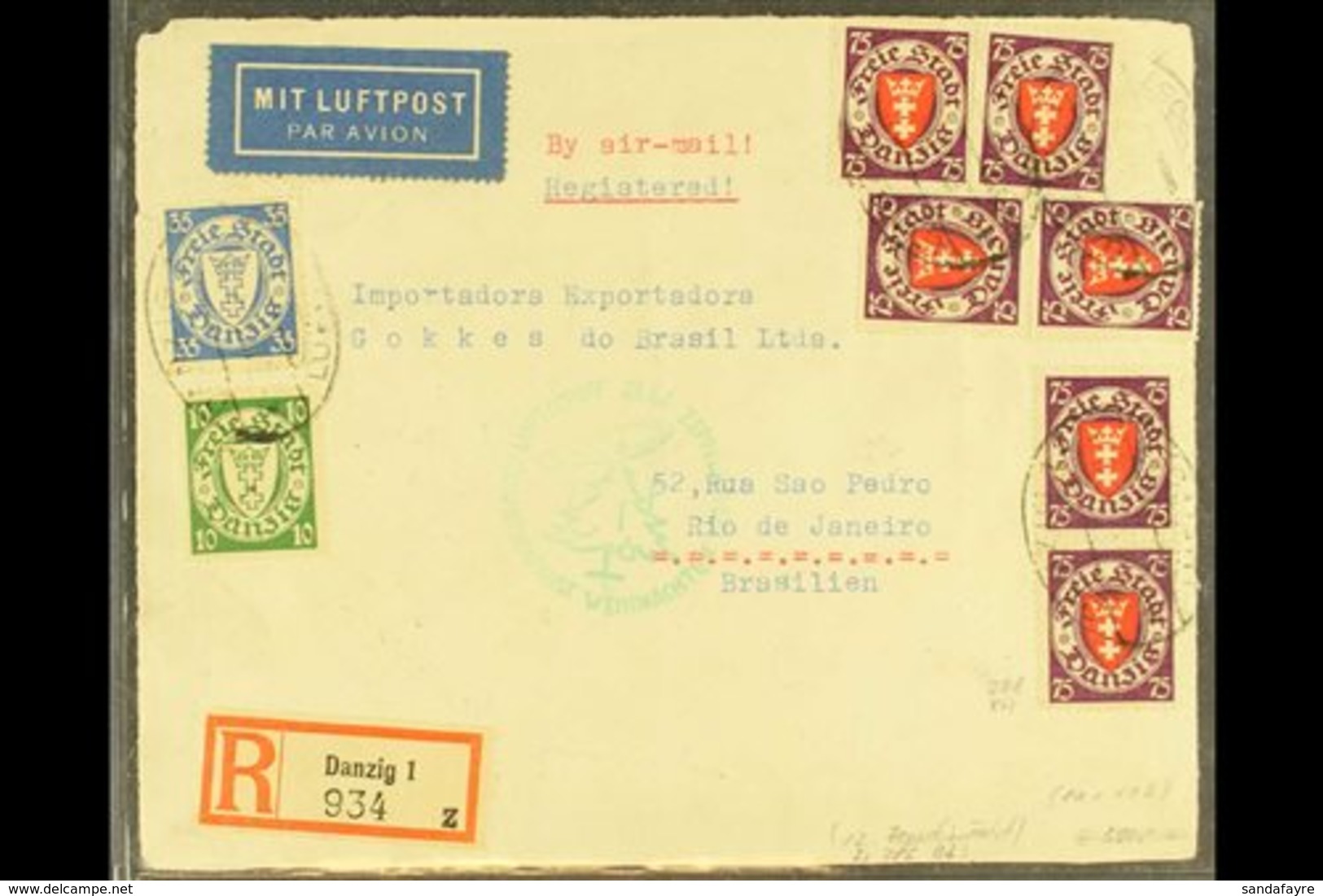 \Y 1934 ZEPPELIN COVER TO BRAZIL\Y 1934 (7 Dec) Registered Commercial Air Cover To Brazil Bearing 1924-38 75pf X8 (Miche - Sonstige & Ohne Zuordnung