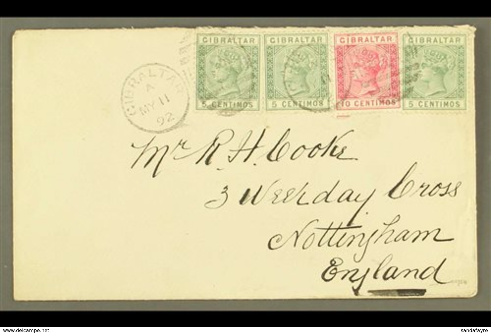 \Y 1892\Y (11 May) Lovely Cover Addressed To England, Bearing 1889-96 5c Green (x3) & 10c Carmine, SG 22/23, Tied By "Gi - Gibraltar