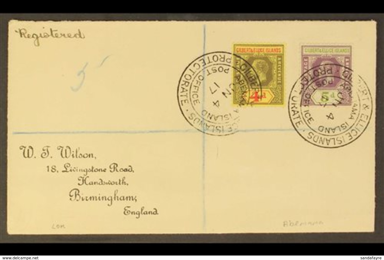 \Y 1917\Y (June) A Fine "Wilson" Envelope Registered To England, Bearing KGV 4d And 5d Tied By Crisp ABEMAMA ISLAND Doub - Îles Gilbert Et Ellice (...-1979)