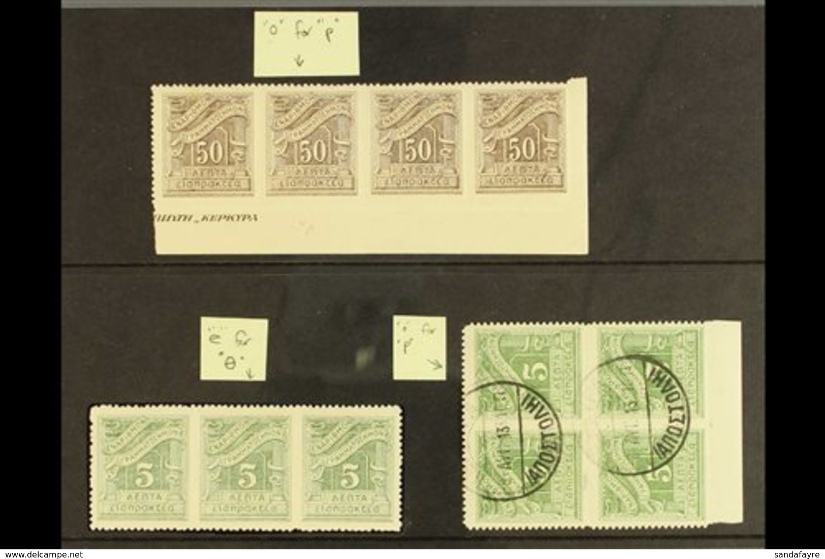 \Y POSTAGE DUE VARIETIES\Y 1913-26 Zig-zag Roulette 50L Brown NHM Lower Corner Strip Of Four One Showing "o For P" Varie - Sonstige & Ohne Zuordnung