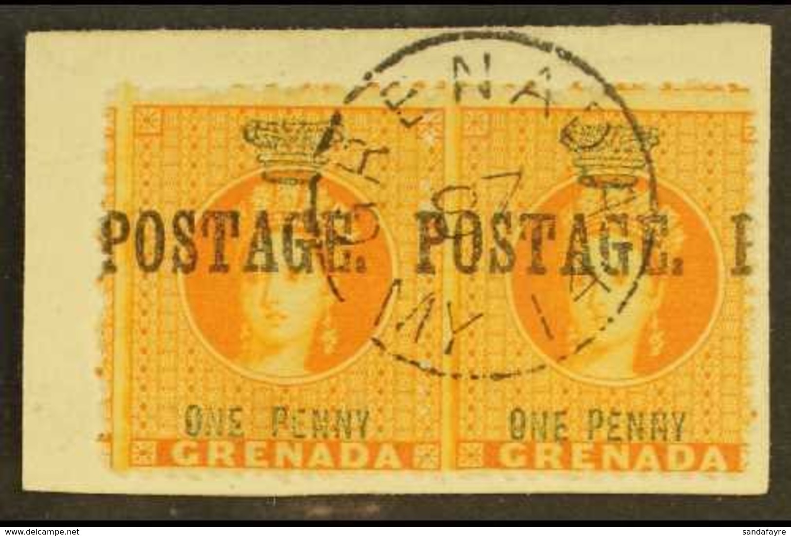 \Y 1883\Y 1d Orange Ovptd "Postage", SG 27, Horizontal Pair Superb Tied To Piece. For More Images, Please Visit Http://w - Grenada (...-1974)