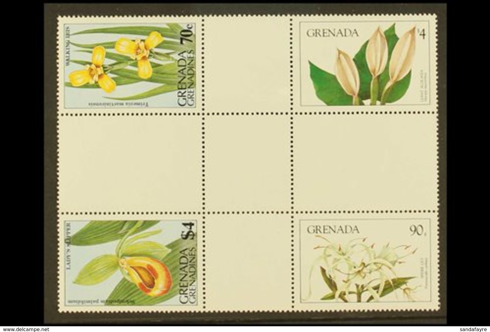 \Y 1984\Y 90c (Spider Lily) And $4 (Giant Alocosa), Flowers, SG 1331/1332, These In A Cross Gutter Block In Combination  - Grenada (...-1974)