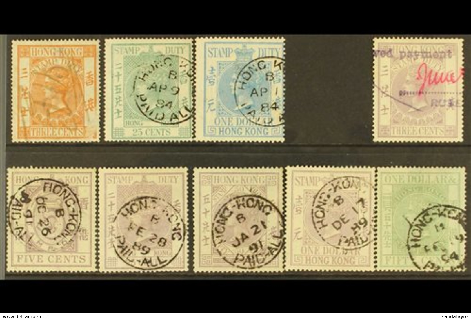 \Y REVENUES\Y 1867-95 USED GROUP Incl. 1867 3c Orange 25c Green & $1 Blue, 1885 3c, 5c, 25c, 50c & $1 Lilacs, $1.50 Gree - Other & Unclassified