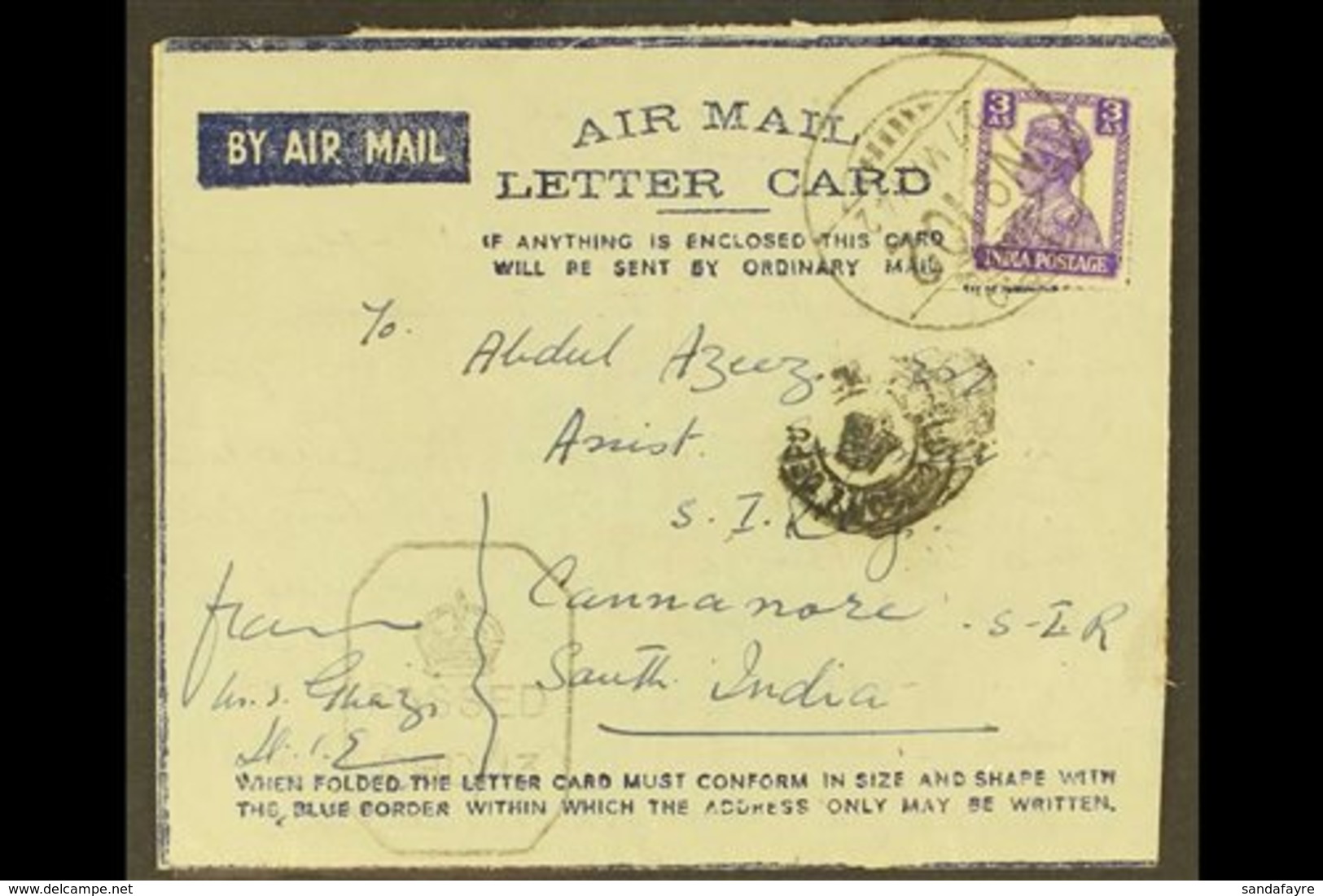 \Y USED IN IRAQ\Y 1942 (27 May) Air Letter With India 3a Stamp Tied FPO No. 102 Of 27th May 1942 (Mosul) Cds Pmk, Variou - Autres & Non Classés