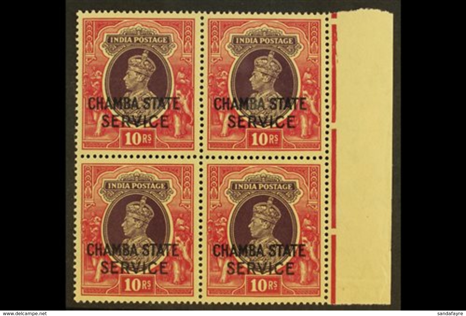 \Y CHAMBA\Y OFFICIALS. 1938-40 10r Purple & Claret, SG O71, Never Hinged Mint Marginal Block Of 4, Very Lightly Toned Ap - Other & Unclassified
