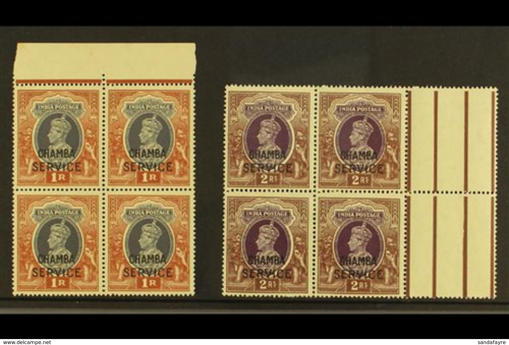 \Y CHAMBA\Y OFFICIALS. 1940-43 1r & 2r Marginal Blocks Of 4, SG O83/84, Never Hinged Mint (2 Blocks Of 4) For More Image - Sonstige & Ohne Zuordnung