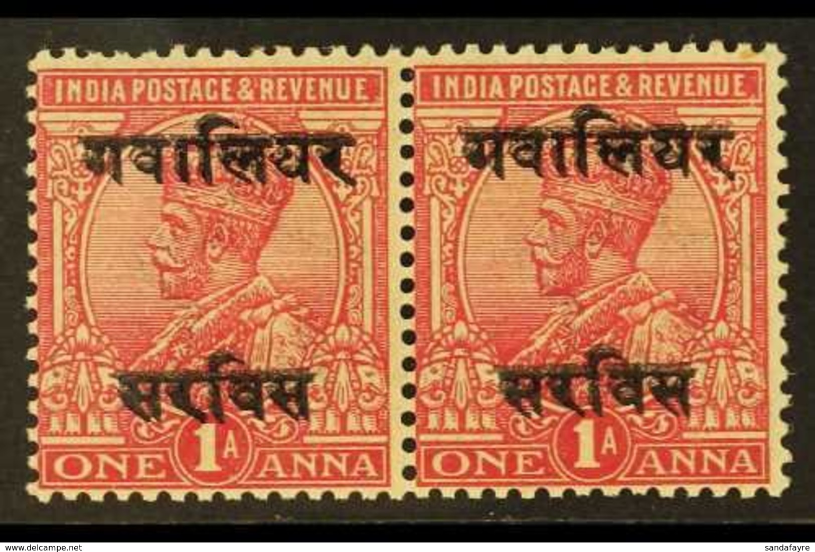 \Y GWALIOR\Y OFFICIALS. 1913-23 1a Rose Carmine Pair With "Double Overprint Variety On Both Stamps, SG O53ab, Very Fine  - Other & Unclassified