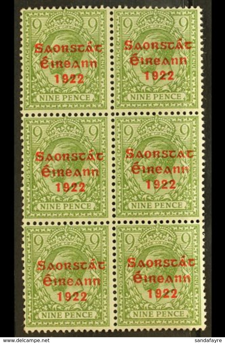 \Y 1922-23 SAORSTAT\Y 9d Olive Green, Block Of Six, One Showing NO ACCENT, SG 61a, Fine Mint, The Variety Never Hinged.  - Autres & Non Classés