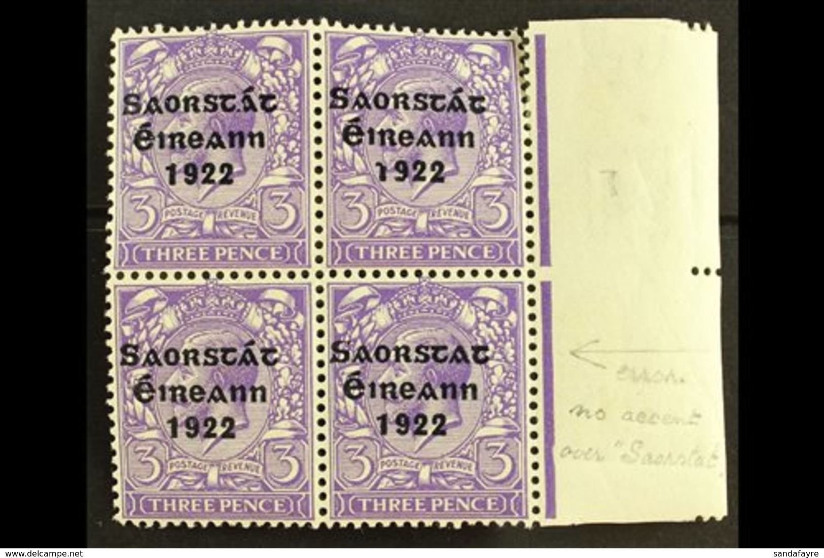 \Y 1922-23 SAORSTAT\Y 3d Bluish Violet, Right Marginal Block Of Four, Showing NO ACCENT, SG 57a, Fresh Mint, Light Creas - Sonstige & Ohne Zuordnung