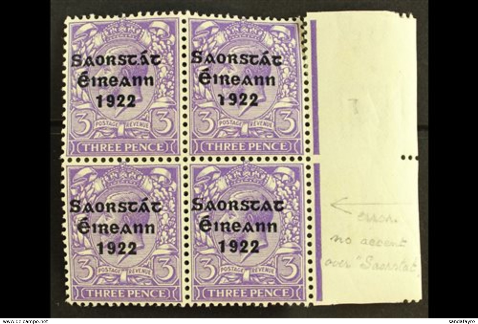 \Y 1922-23 SAORSTAT\Y 3d Bluish Violet, Right Marginal Block Of Four, Showing NO ACCENT, SG 57a, Fresh Mint, Light Creas - Other & Unclassified