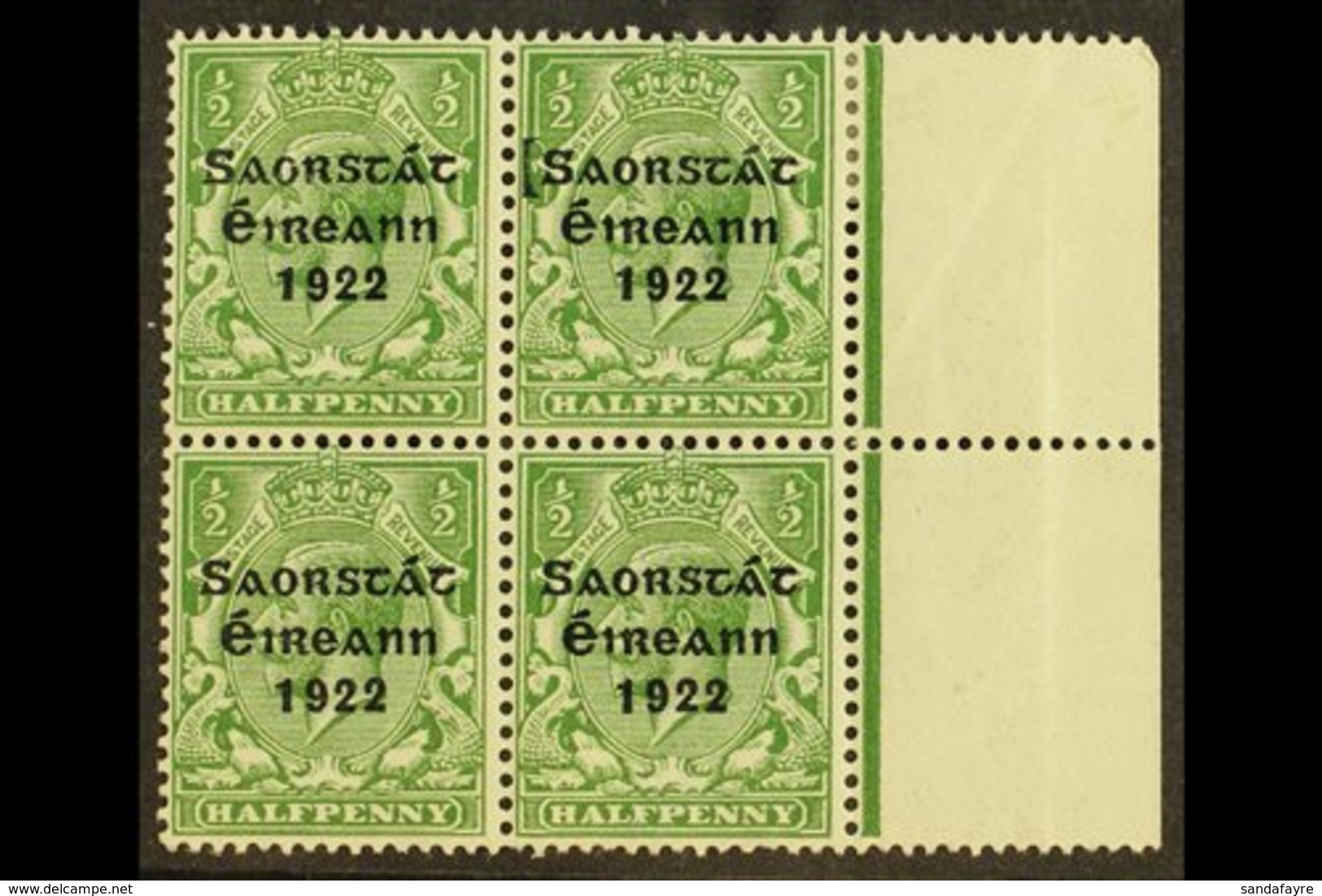 \Y 1922-23 SAORSTAT\Y ½d Green, Right Marginal Block Of Four, One Showing Guide Block At Left, Fine Mint, The Variety Ne - Other & Unclassified