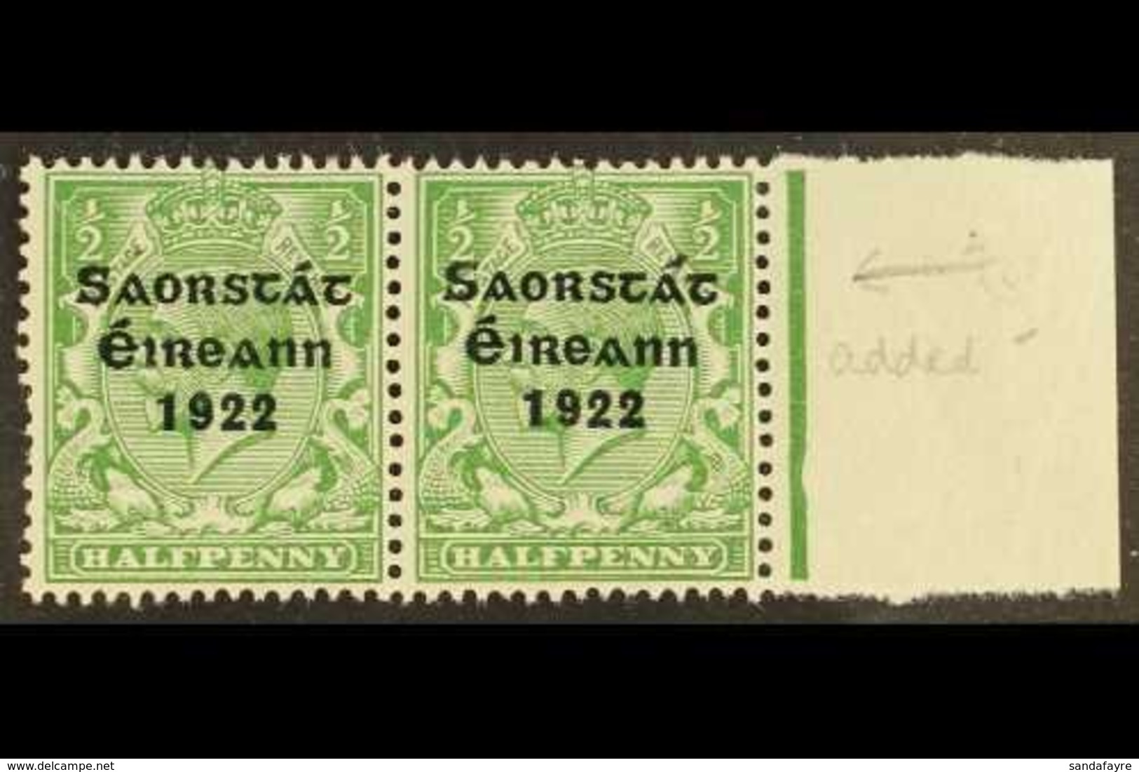 \Y 1922-23 SAORSTAT\Y ½d Green, Right Marginal Horizontal Pair, One Showing Accent Inserted By Hand, SG 52b, Never Hinge - Sonstige & Ohne Zuordnung