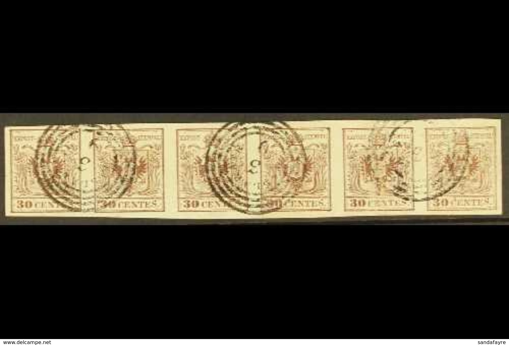 \Y LOMBARDY-VENETIA\Y 1850 30c Brown On Machine Made Paper, Sass 21 (Mi 4Y), Used HORIZONTAL STRIP OF 6! 5th Stamp With  - Non Classés