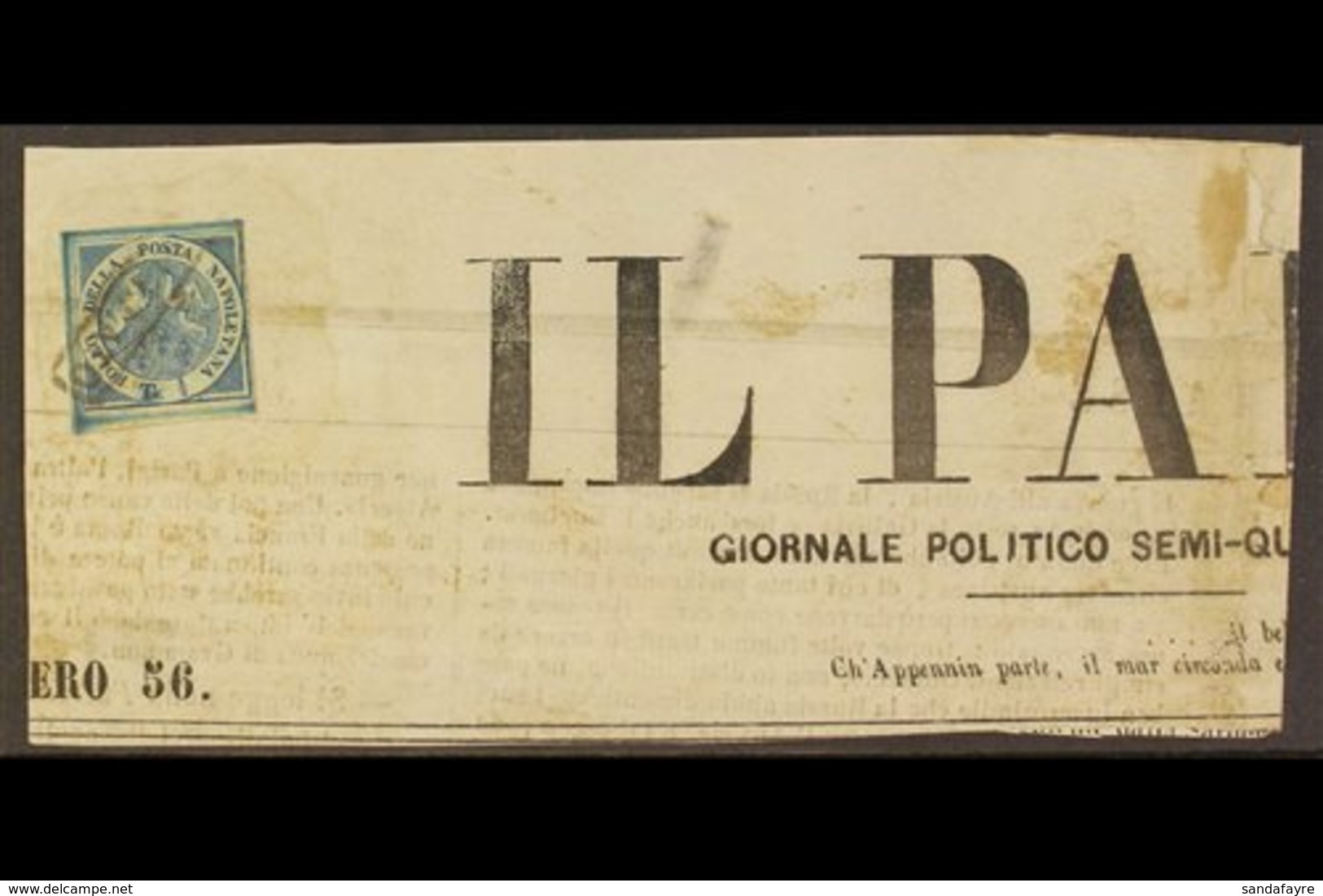 \Y NAPLES\Y 1860 ½t Deep Blue "Trinacria", Sass 15,  Tied To 17th Nov 1860 Header From "Il Paese" Newspaper. Clear To La - Non Classés