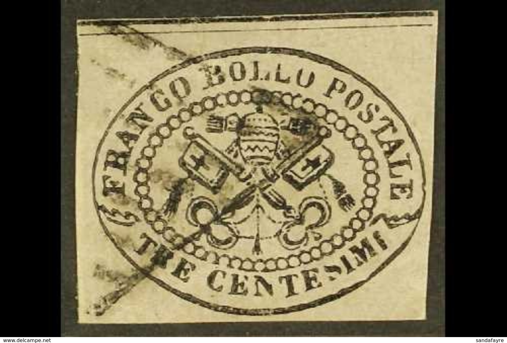 \Y PAPAL STATES\Y 1867 3c Black On Rosy Drab, Imperf, SG 32, Sassone 14, Used, Margins Cut Clear Of Oval Design, SG Cat. - Non Classés