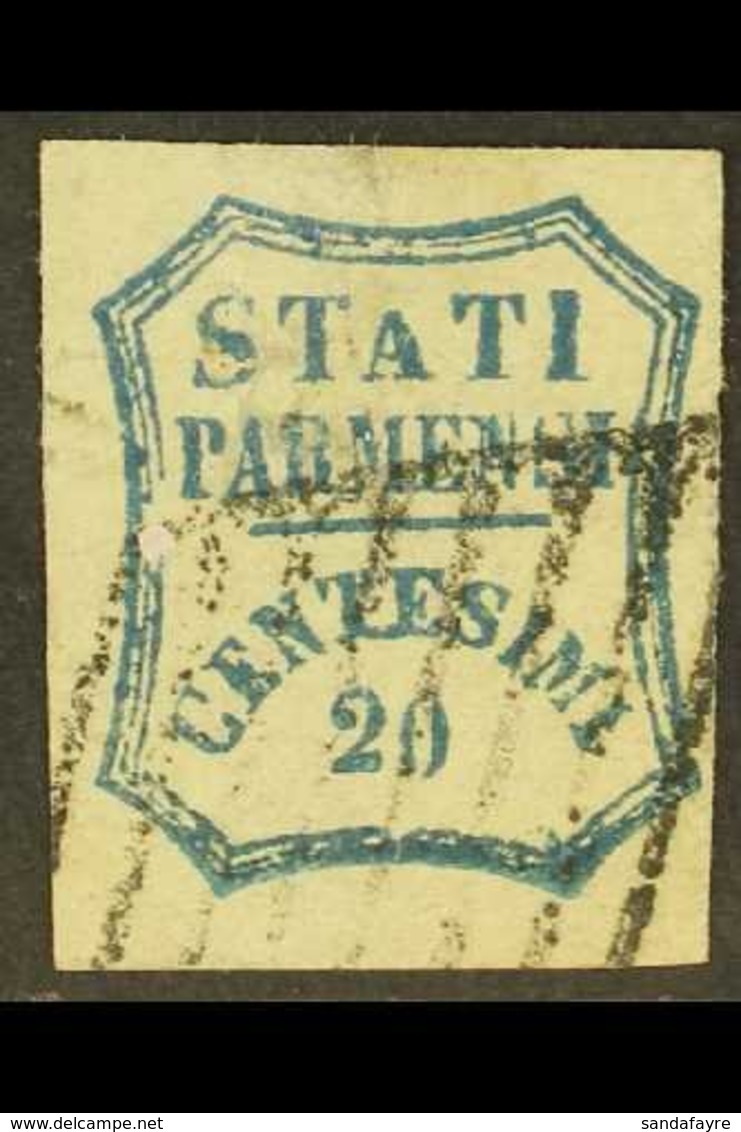 \Y PARMA\Y 1859 20c Blue Provisional Govt, Variety "short A In STATI" (Pos. 37), Sass 15e, Used, Small Thins. Cat Sass € - Unclassified