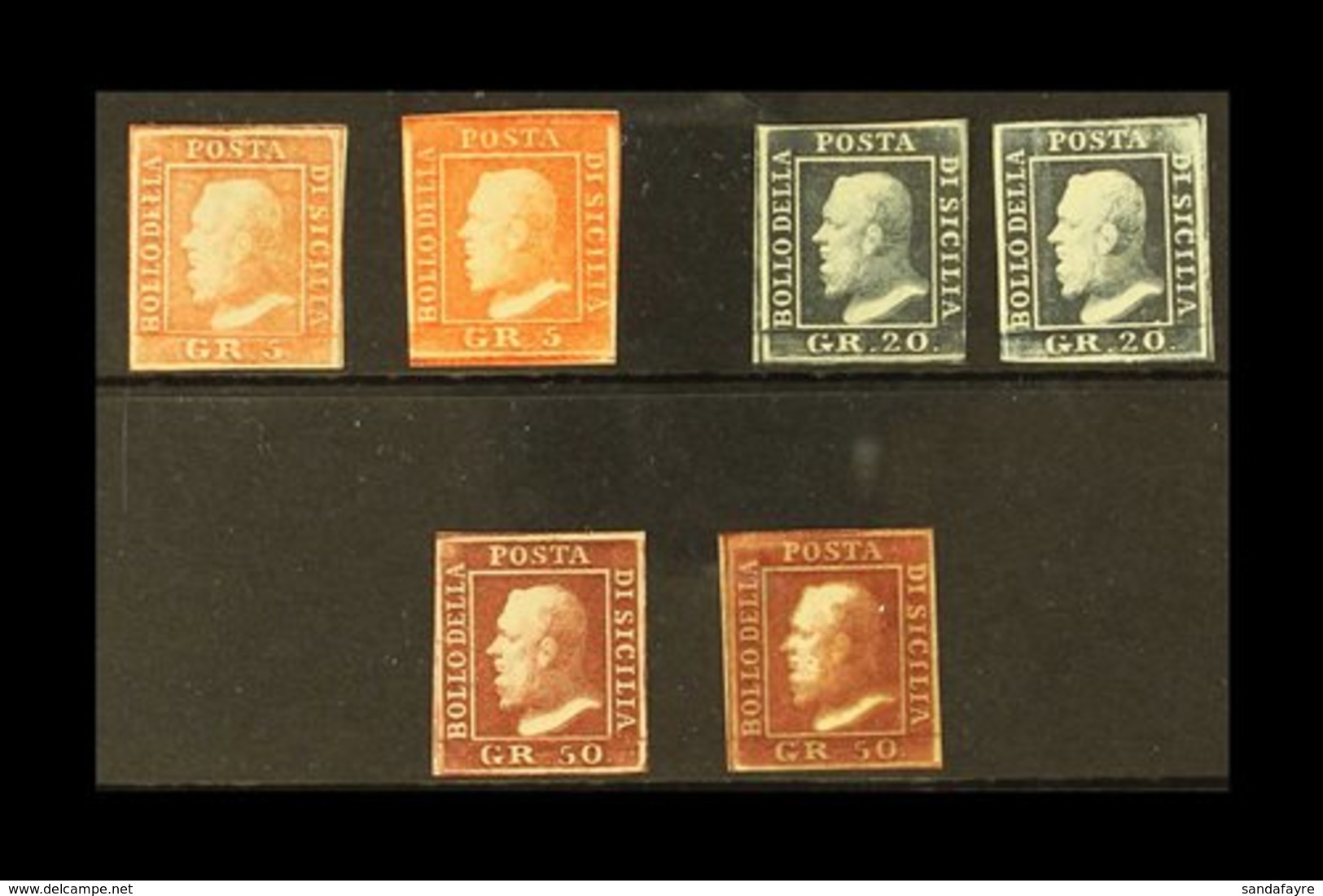 \Y SICILY\Y 1859 MINT / UNUSED GROUP Incl. 5gr Orange-red, 5gr Vermilion, 20gr Slate-grey (2) And 50gr Brown-lake Unused - Non Classés