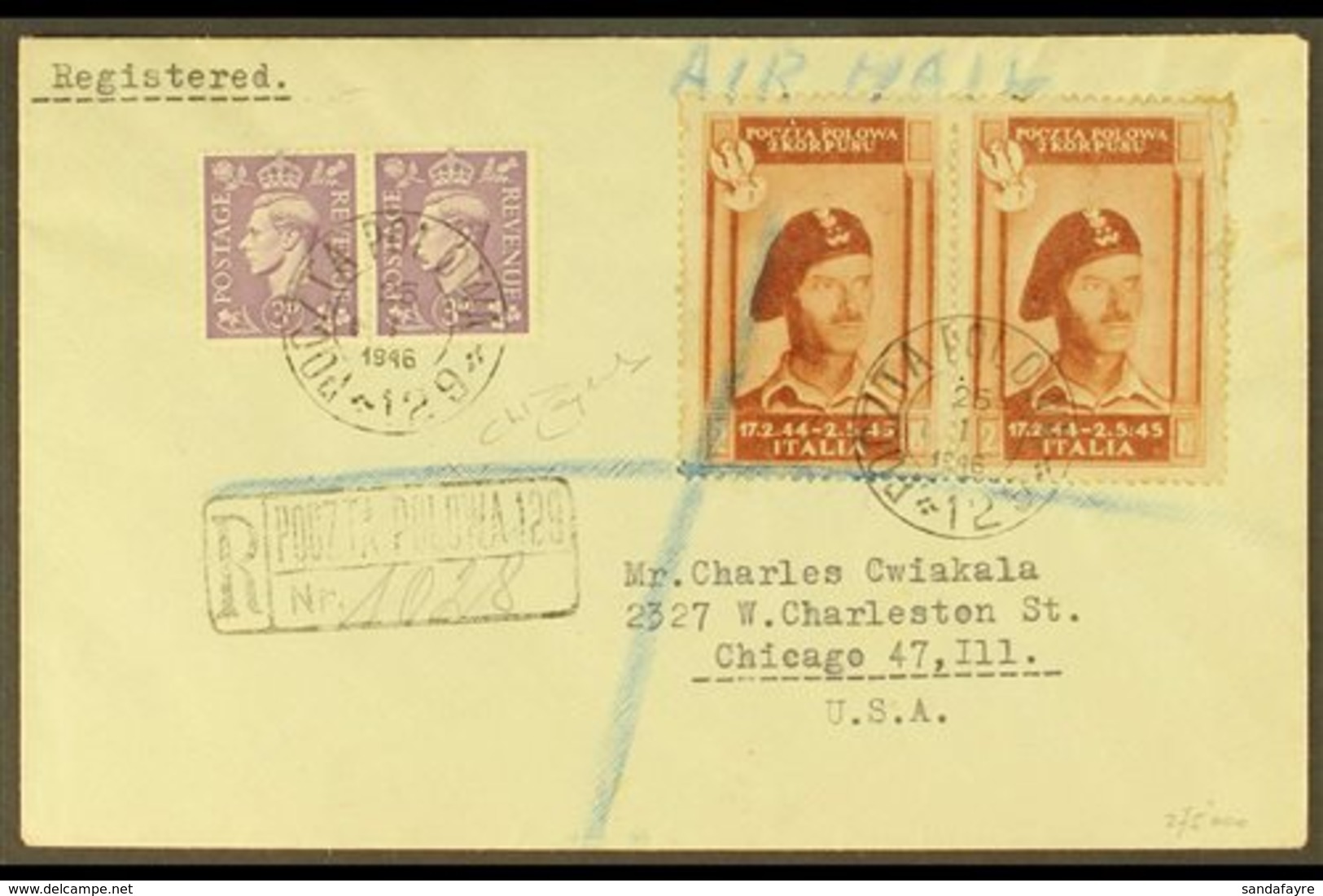 \Y POLISH CORPS\Y 1946 Registered Cover To Chicago Franked GB 3d Lilac Plus Polish Corps 2z Red Brown Pair, Sass 4, With - Non Classés